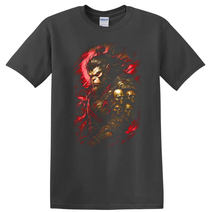 Japanese Style Monkey Skull Red Brushstroke T Shirt - Charcoal