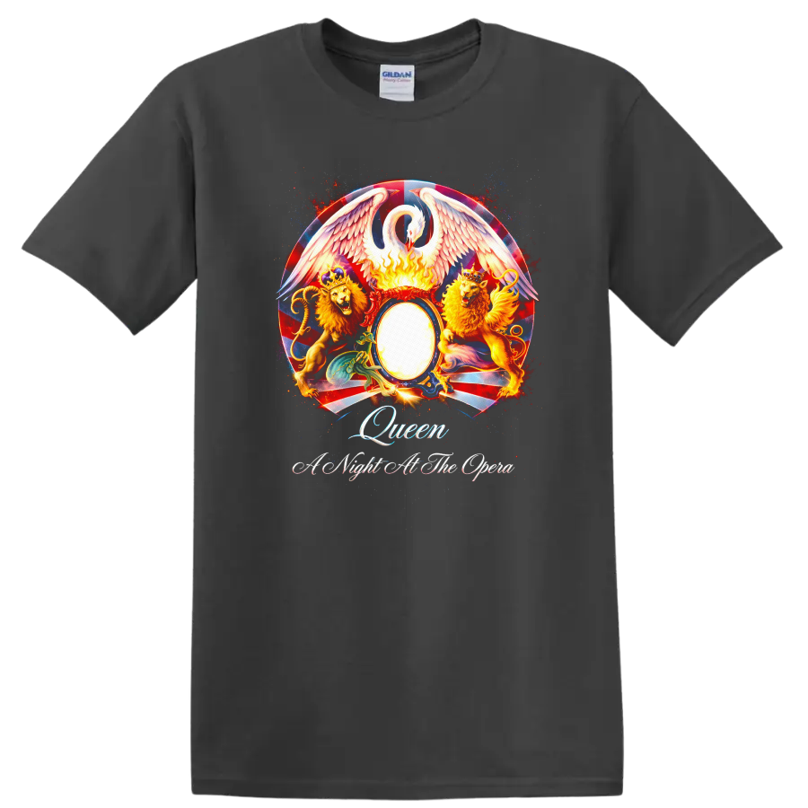 Queen Vintage Classic Rock Album Cover Art T Shirt on a Charcoal T Shirt