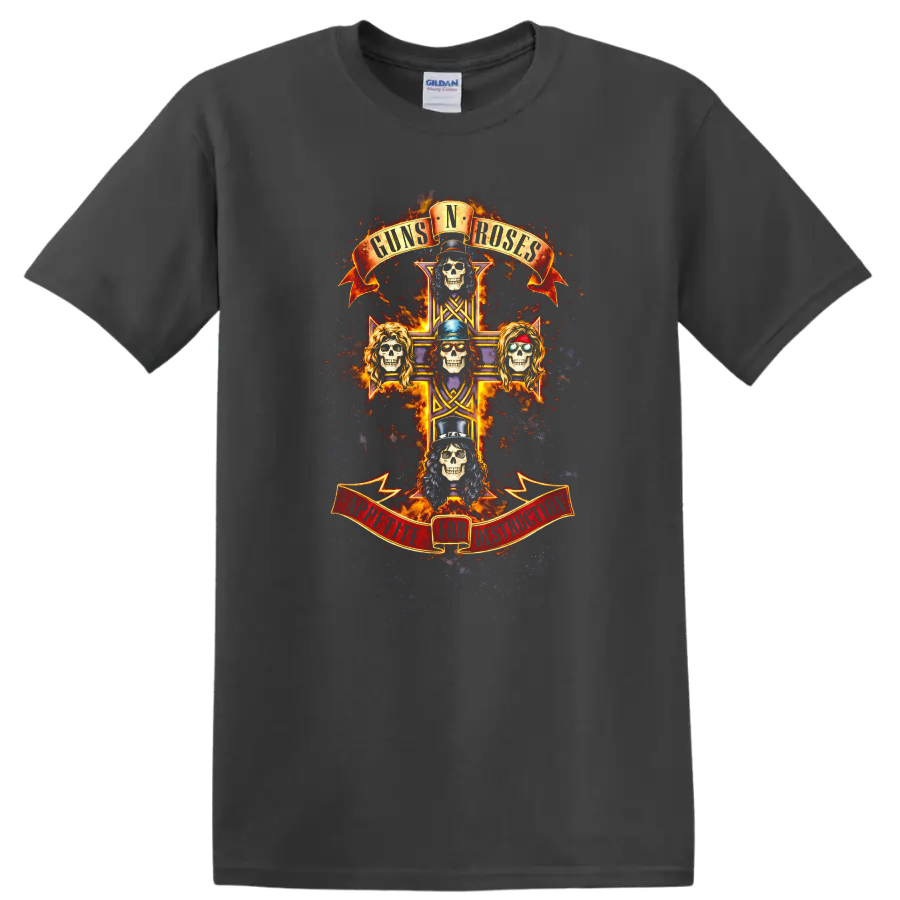 Guns N Roses Vintage Classic Rock Album Cover Art T Shirt on a Charcoal T Shirt