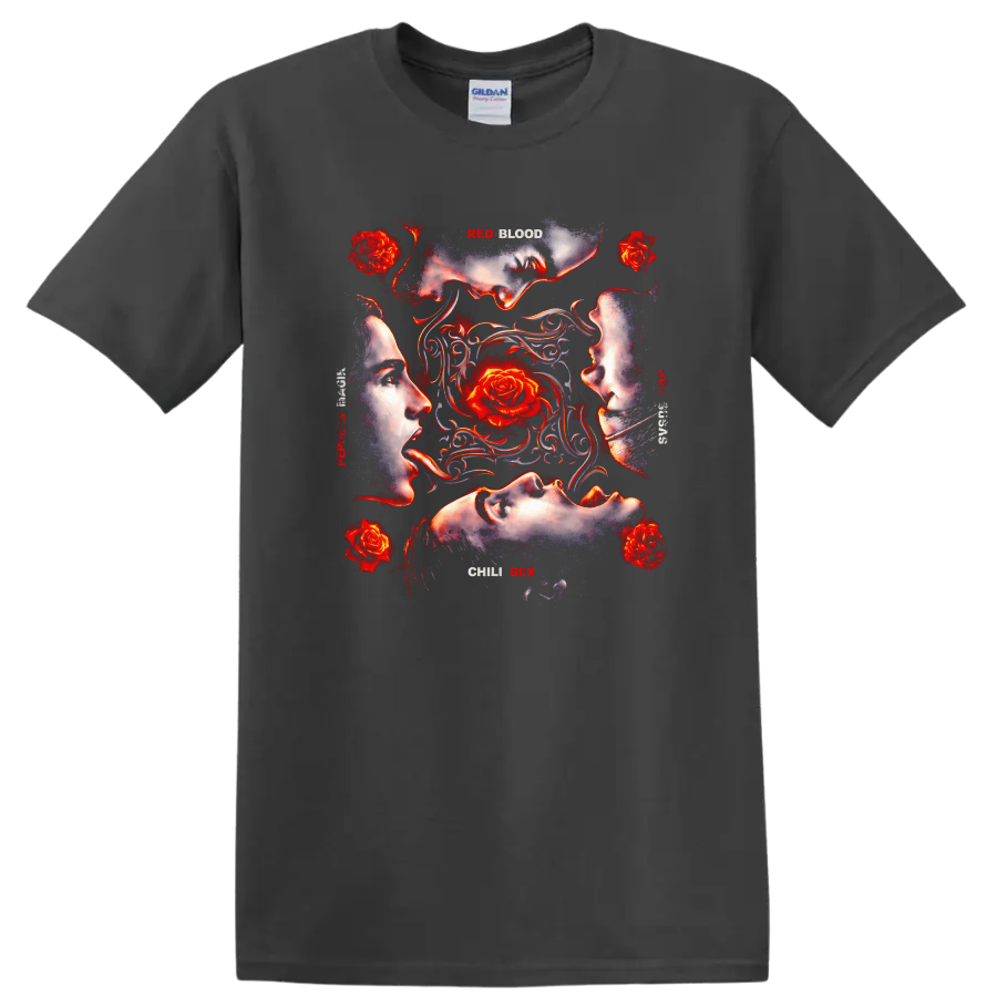 Vintage rock art T shirt design featuring faces and roses on a Charcoal T Shirt