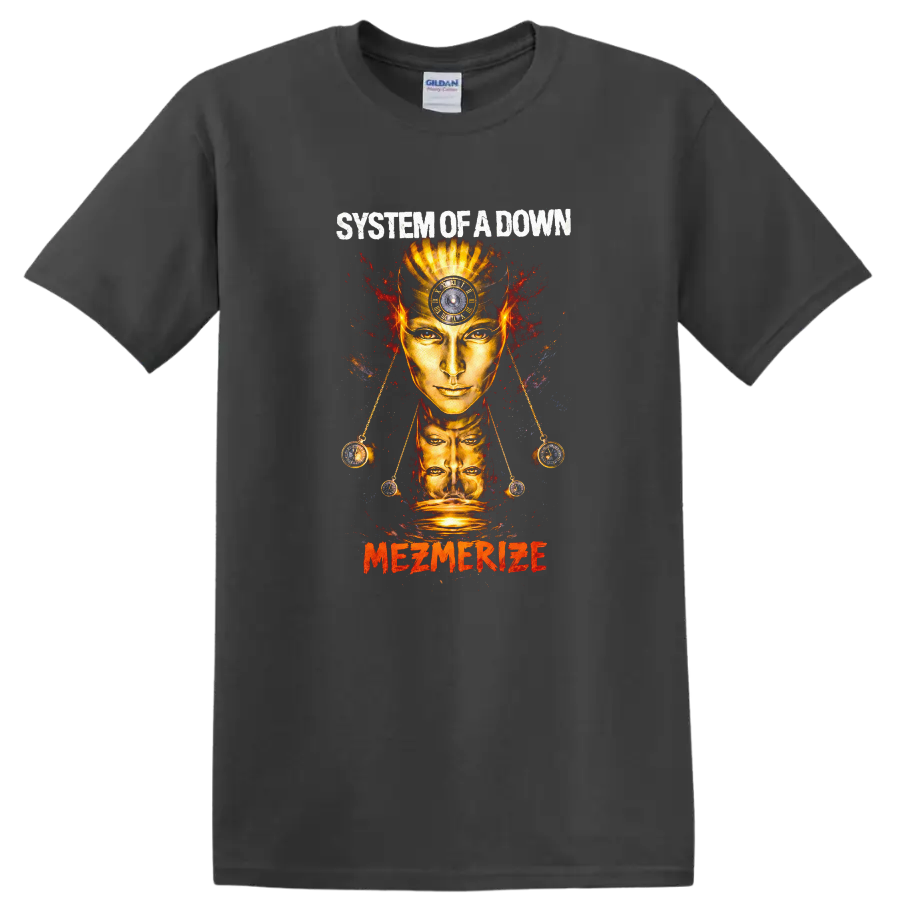 System of a Down Mezmerize Vintage Rock T Shirt on a Charcoal T Shirt