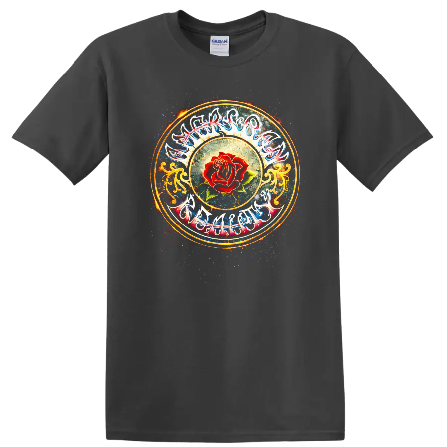 Vintage Classic Rock Album Cover Art Style T Shirt with Rose Design - Charcoal