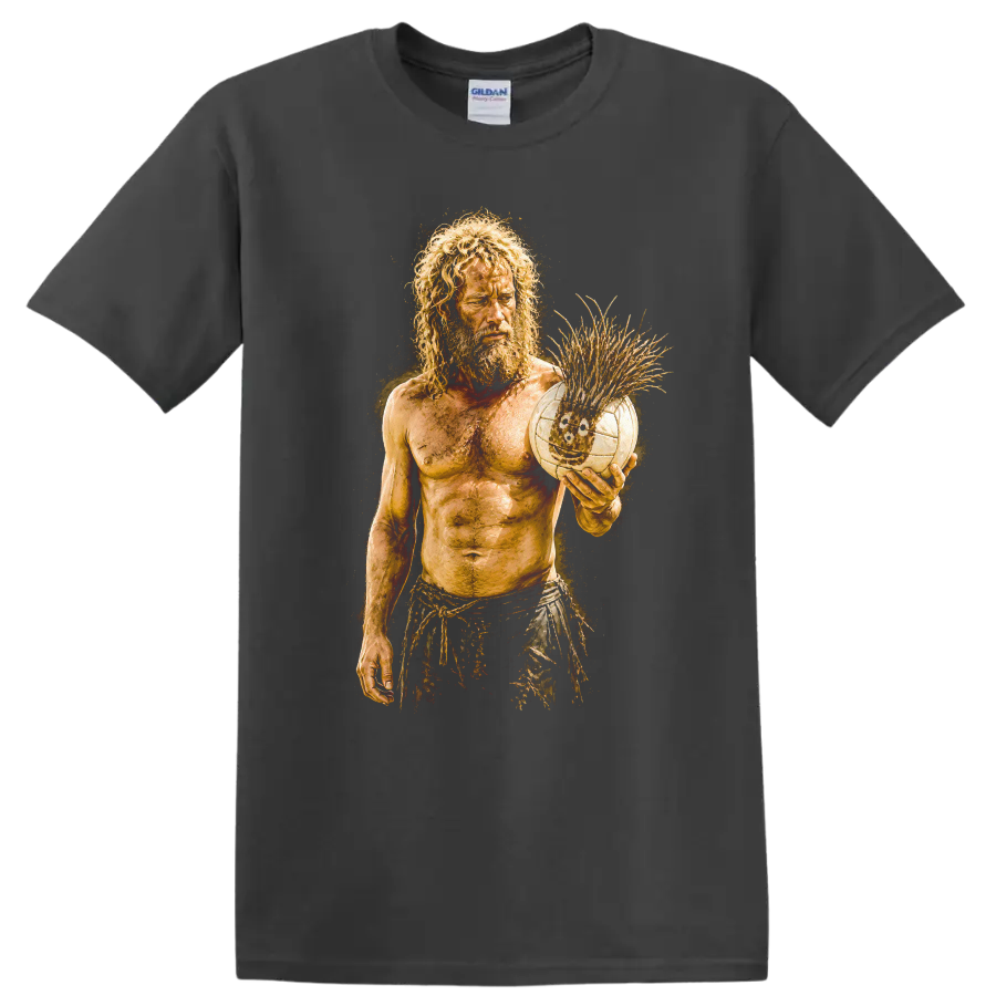 Vintage Cult Movie Cast Away Tom Hanks T Shirt on a Charcoal T Shirt