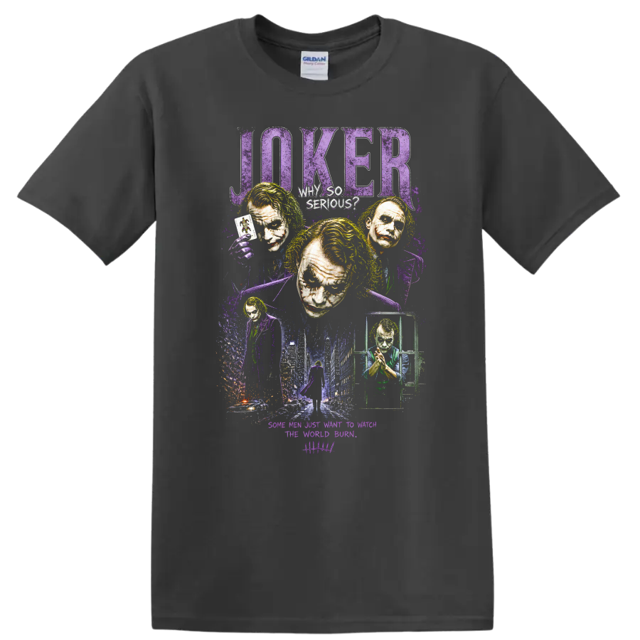 Joker Vintage Cult Movie Character Portrait Style T Shirt on a Charcoal T Shirt