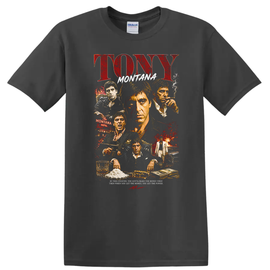 Tony Montana Movie Art T Shirt Vintage Graphic Tee for Fans of Classic Films - Charcoal
