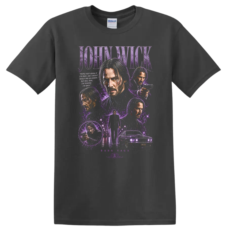 John Wick Vintage Cult Movie Character Portrait T Shirt on a Charcoal T Shirt