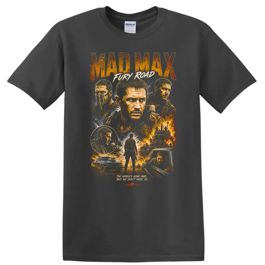 Mad Max Fury Road Vintage Movie Portrait T Shirt on a Charcoal T Shirt