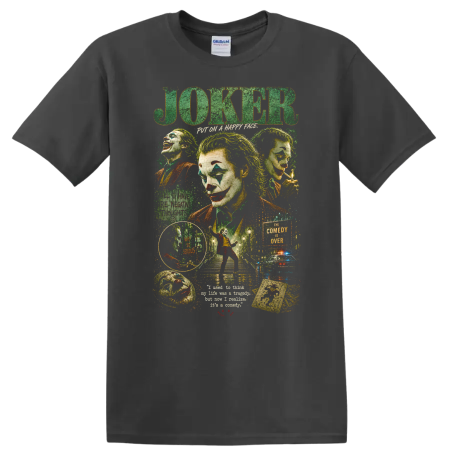 Joker Vintage Cult Movie Character Portrait T Shirt on a Charcoal T Shirt