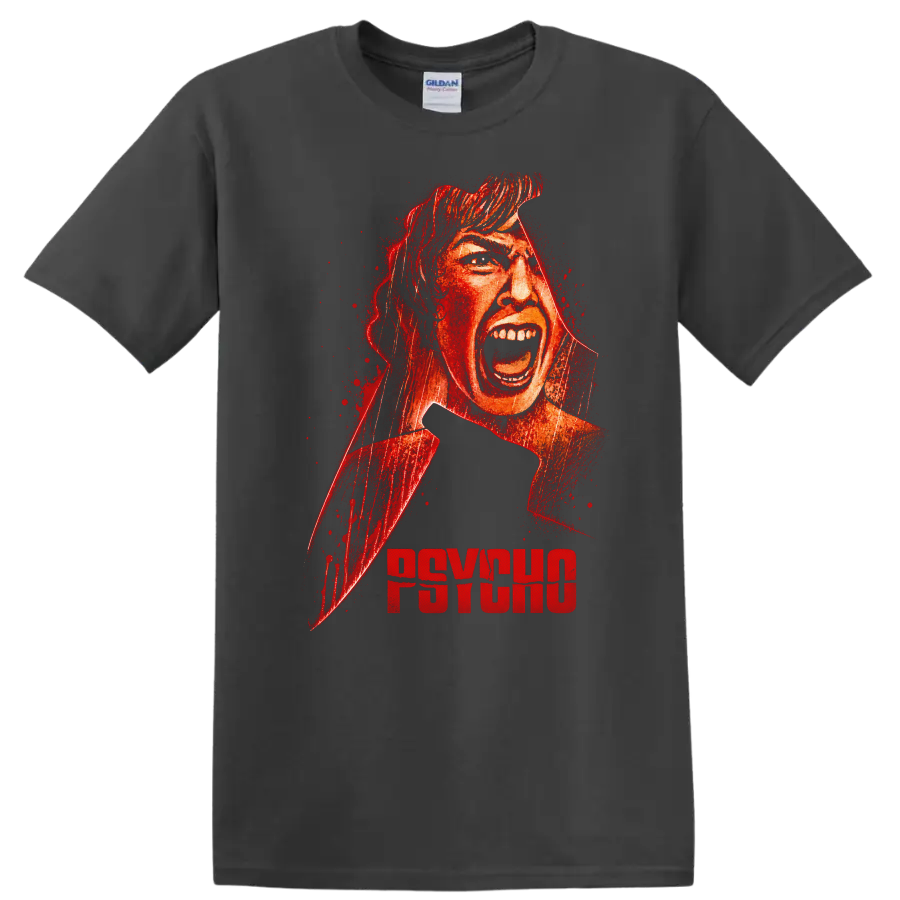 Psycho Vintage Cult Movie Character Portrait T Shirt on a Charcoal T Shirt