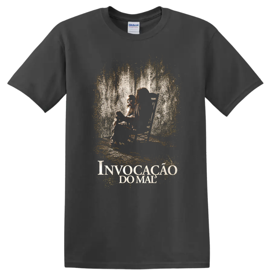 Annabelle doll portrait in a distressed vintage horror poster design with Invocação do on a Charcoal T Shirt