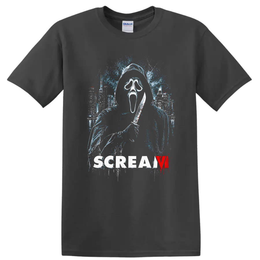 Scream VI Vintage Cult Movie Character T Shirt on a Charcoal T Shirt