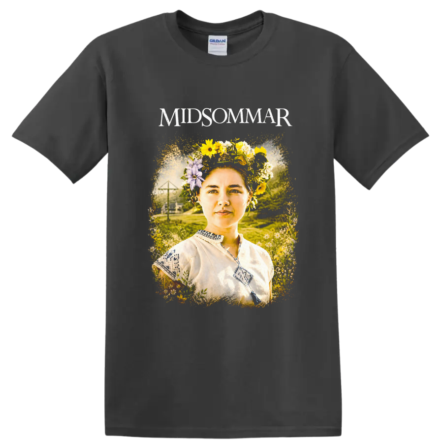 Midsommar Vintage Cult Movie Character Portrait T Shirt on a Charcoal T Shirt