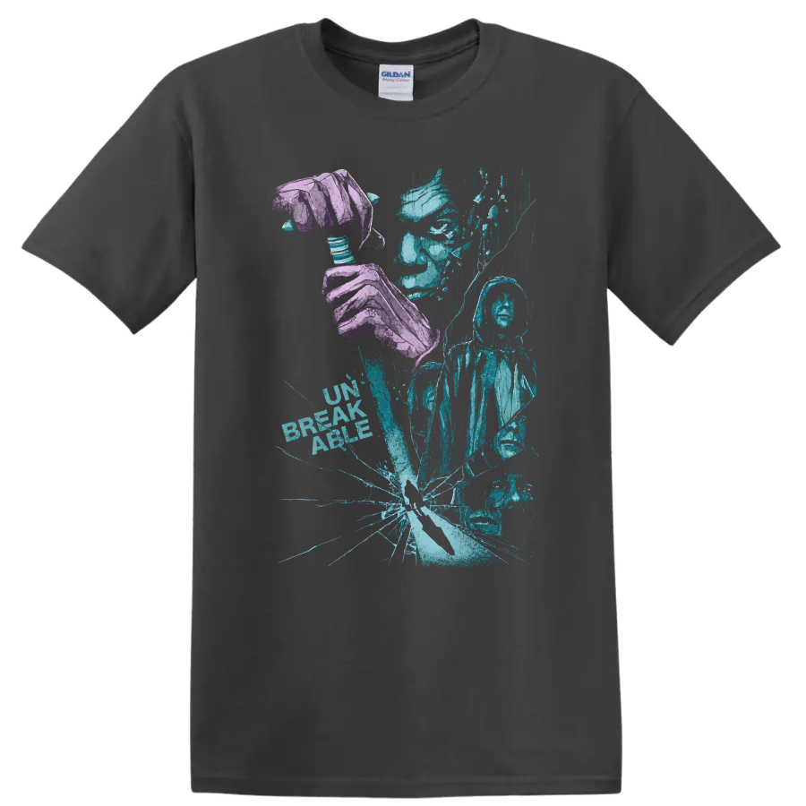 Vintage Cult Movie Unbreakable T Shirt Featuring Bruce Willis & Samuel L. Jackson on a Charcoal T Shirt