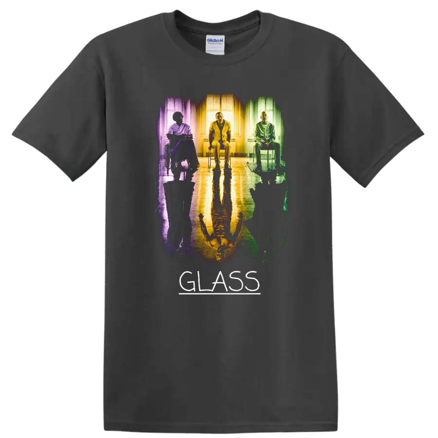 Vintage Cult Movie Glass T Shirt Featuring Bruce Willis & Samuel L. Jackson on a Charcoal T Shirt