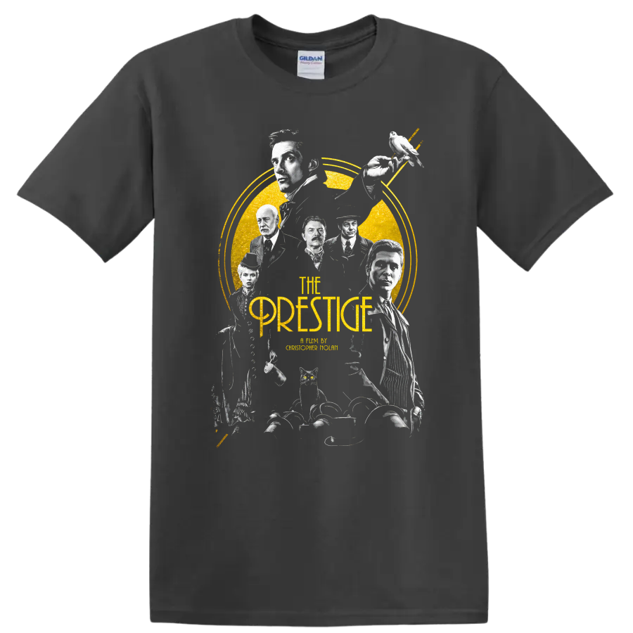 The Prestige Vintage Cult Movie Character Portrait T Shirt on a Charcoal T Shirt