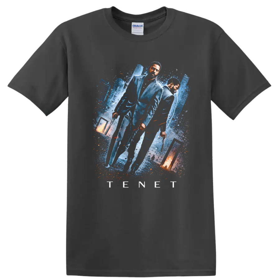 Vintage Cult Movie Tenet T Shirt on a Charcoal T Shirt
