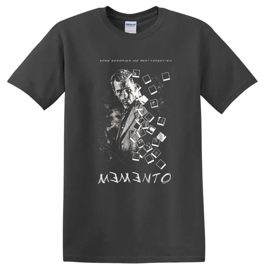 Vintage Cult Movie Memento T Shirt on a Charcoal T Shirt