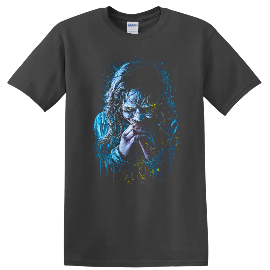 Artistic Horror T Shirt Creepy Character Blue Disturbing Visuals Unique Tee - Charcoal