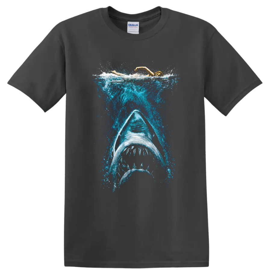 Shark Attack Graphic T Shirt Swim Enthusiast Ocean Lover Tee - Charcoal