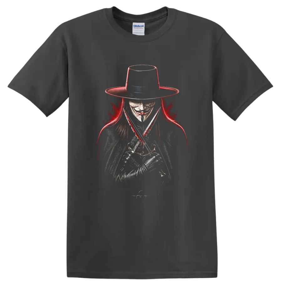 V for Vendetta Guy Fawkes mask portrait with crossed knives and red splatter on a Charcoal T Shirt