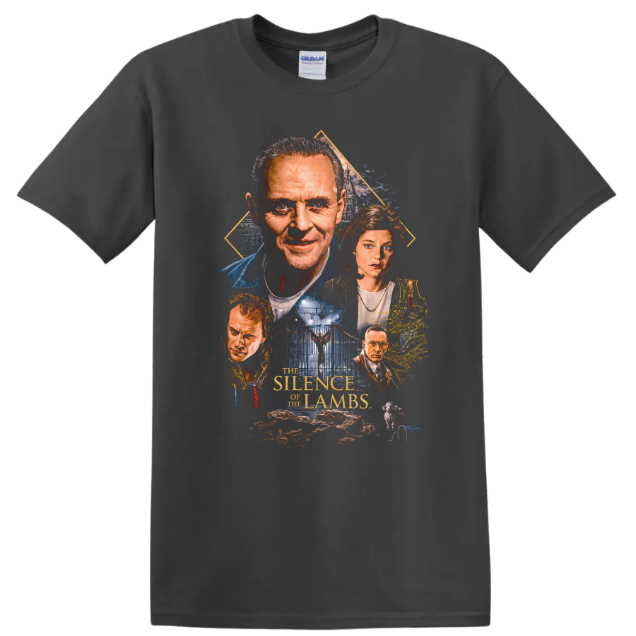 Vintage Cult Movie The Silence of the Lambs T Shirt on a Charcoal T Shirt