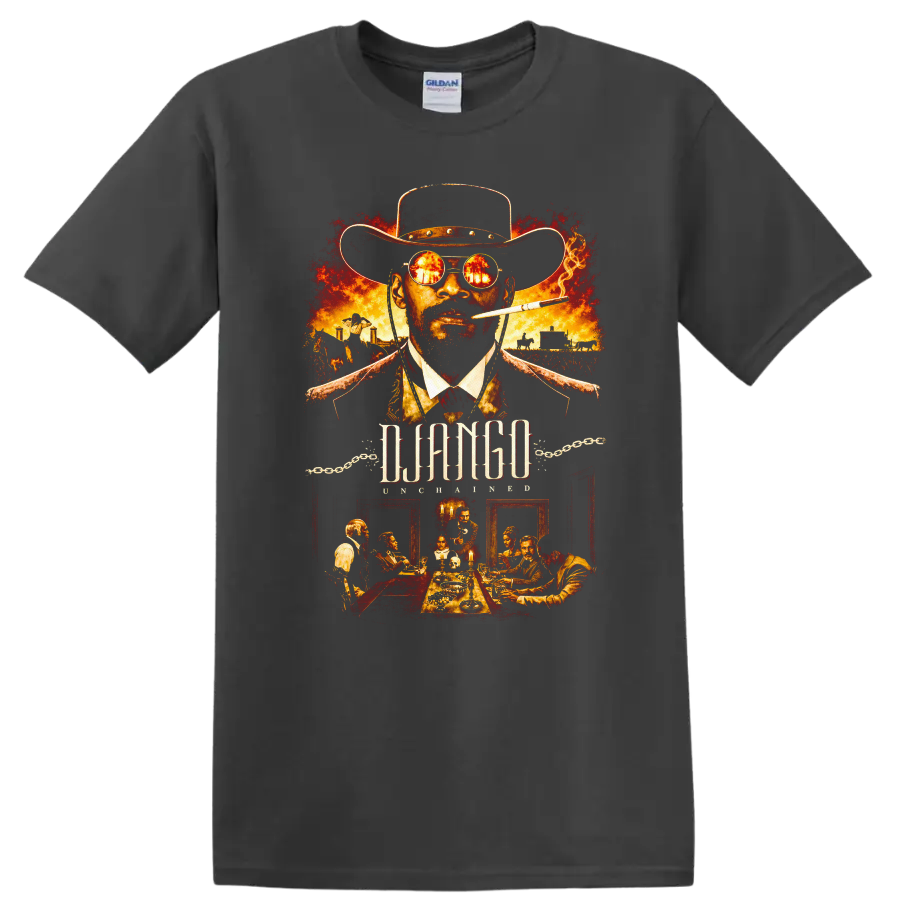 Django Unchained Movie Poster T Shirt Graphic Tee for Fans of Western Films - Charcoal