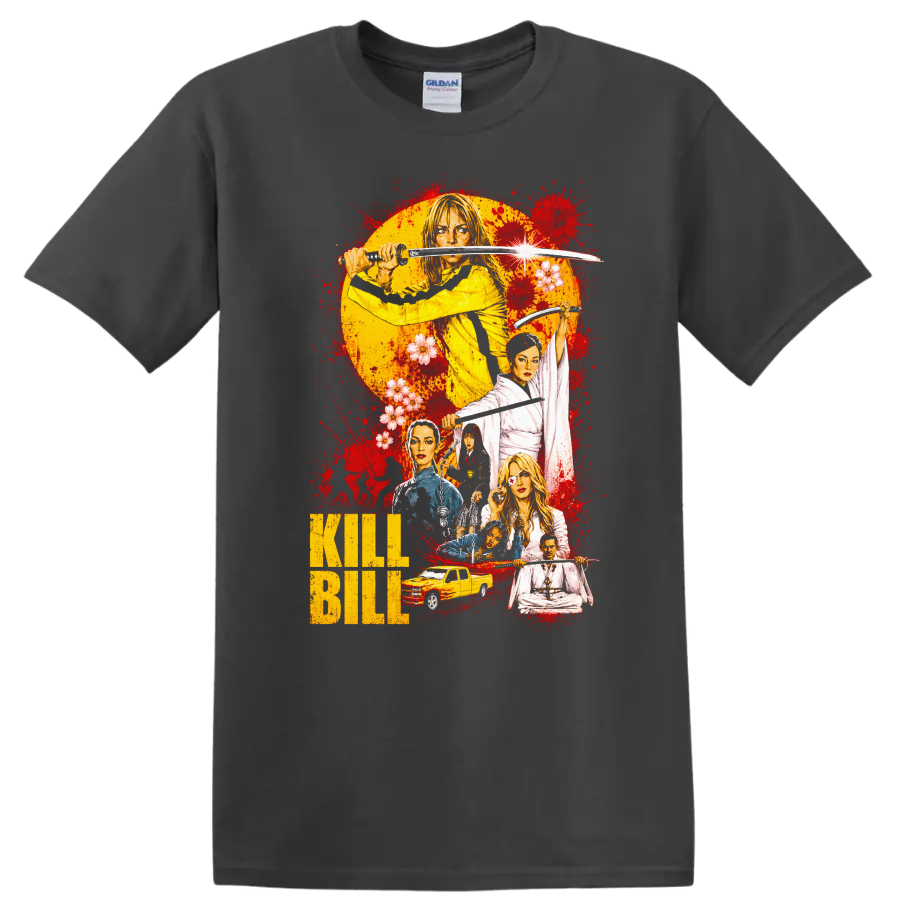 Kill Bill Vintage Cult Movie Character Portrait Style T Shirt on a Charcoal T Shirt