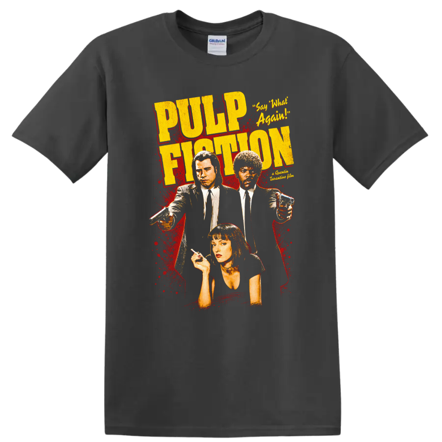 Pulp Fiction Vintage Movie Character Portrait T Shirt on a Charcoal T Shirt