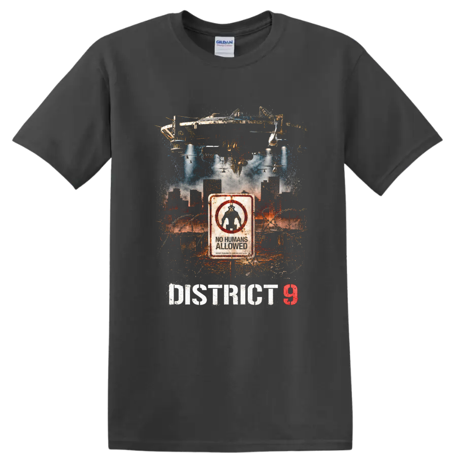 District 9 Vintage Cult Movie T Shirt on a Charcoal T Shirt