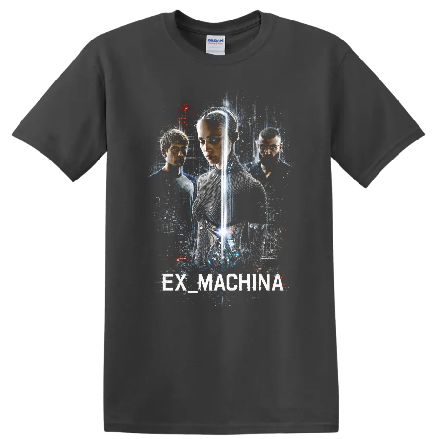 Ex Machina Vintage Cult Movie Character Portrait T Shirt on a Charcoal T Shirt
