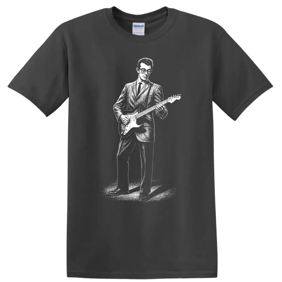 Buddy Holly T Shirt Rock Legend Guitar Player Silhouette Music Fan Tee Gift Cool - Charcoal