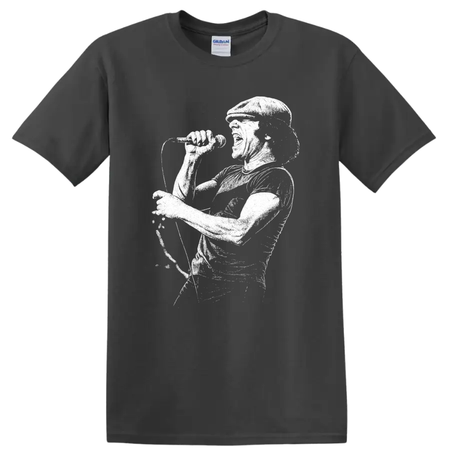 Brian Johnson AC DC Rock Legends Portrait T Shirt for Classic Rock Fans - Charcoal
