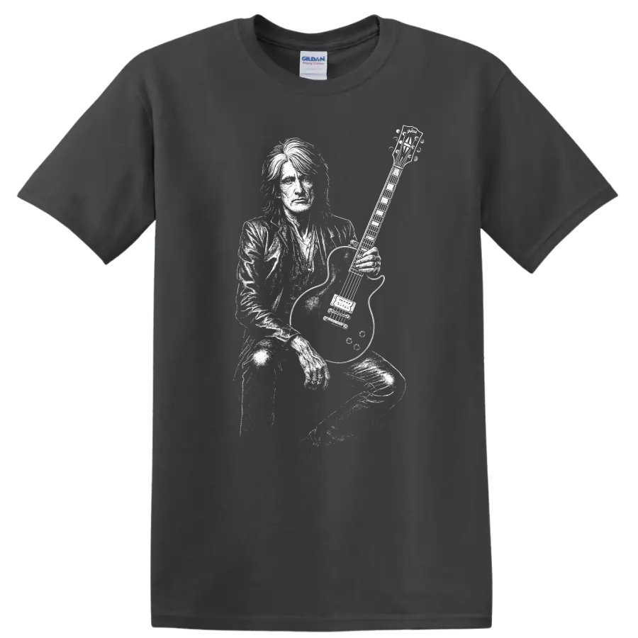 Joe Perry Aerosmith Rock Legends Silhouette Guitarist T Shirt - Charcoal