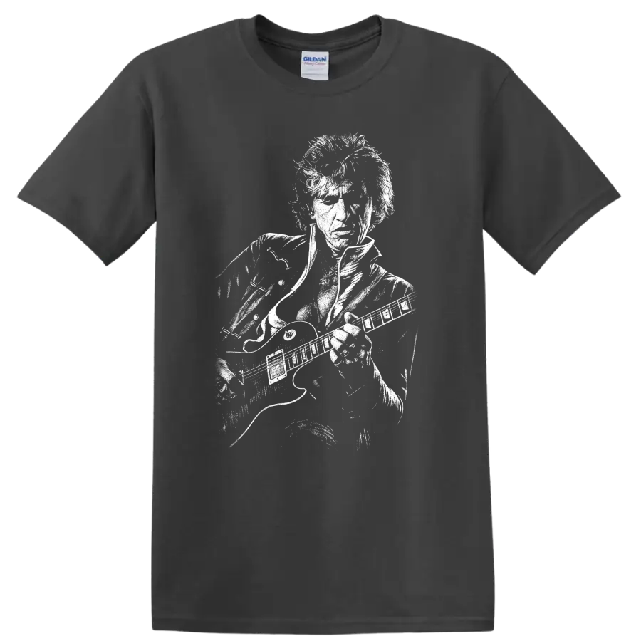 Black-and-white graphic portrait of Joe Perry on a T shirt on a Charcoal T Shirt