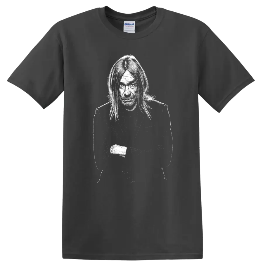 Iggy Pop The Stooges Rock Legends Portrait T Shirt for Classic Music Fans - Charcoal
