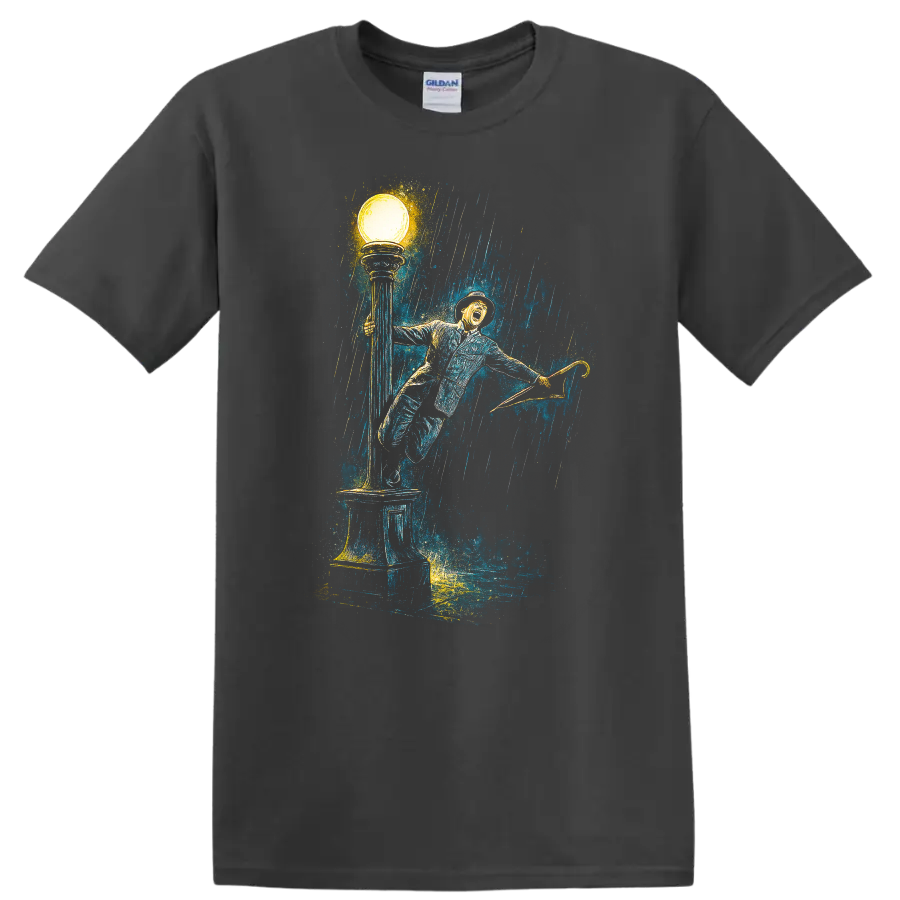 Vintage Singing in the Rain inspired artwork with umbrella, streetlamp, and rain, T-shirt - Charcoal
