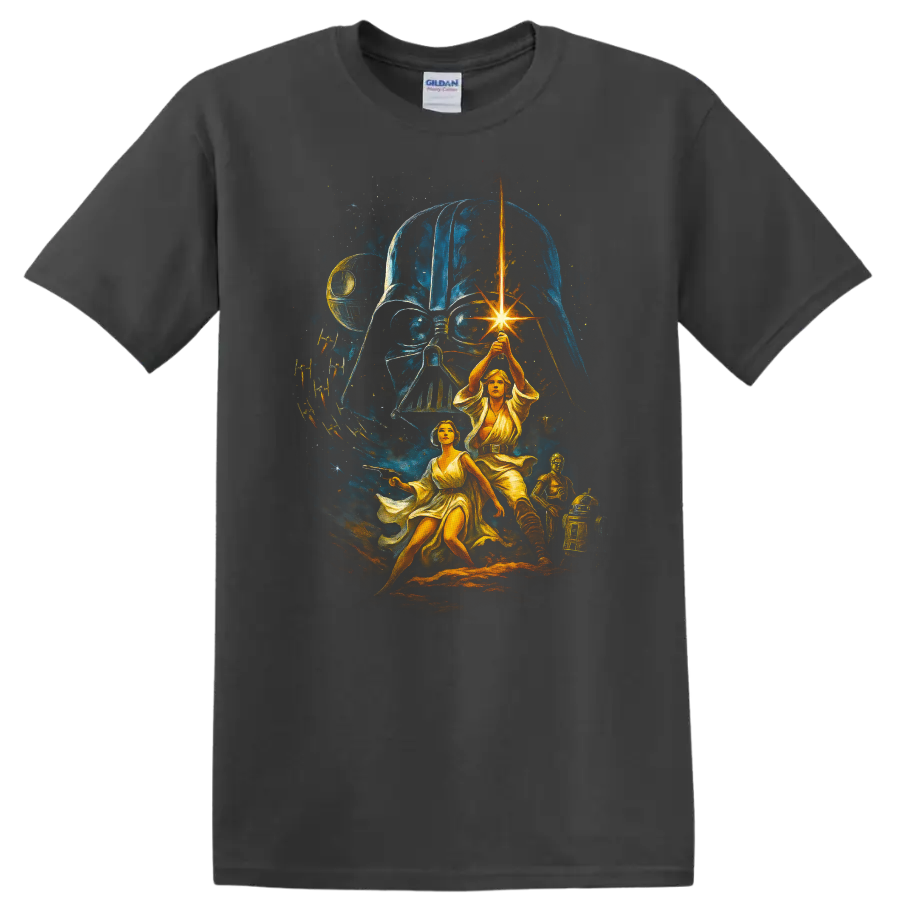 Star Wars Darth Vader and Luke Skywalker lightsaber battle artwork T Shirt on a Charcoal T Shirt