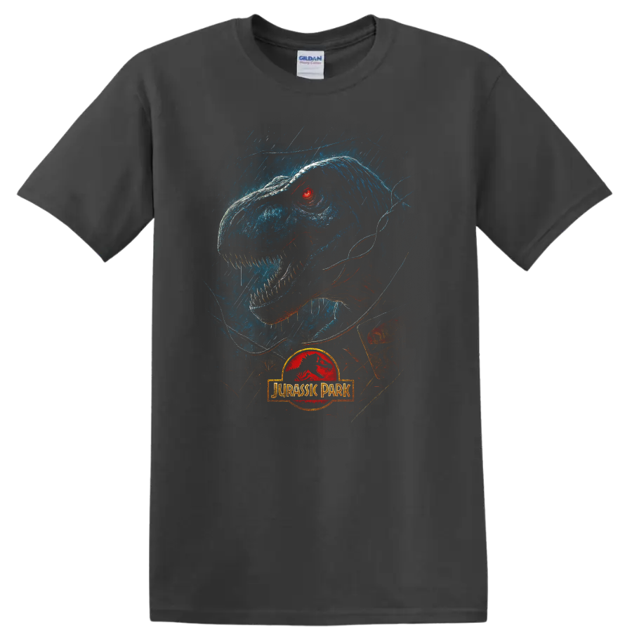 Jurassic Park T rex in rain with glowing red eye and logo T shirt on a Charcoal T Shirt