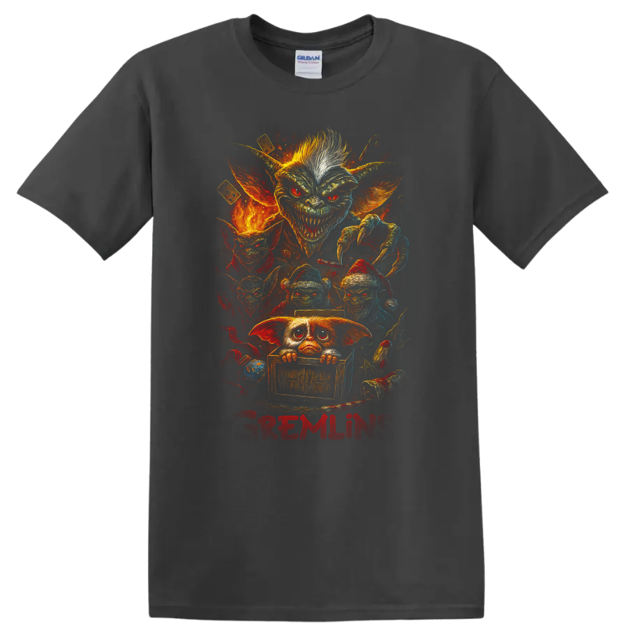 Gremlins horror movie creature collage with fiery retro art and bold red text on a T shirt on a Charcoal T Shirt
