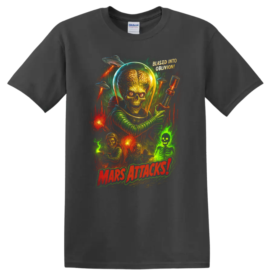 Mars Attacks alien invasion retro movie poster art with alien leader, saucers, and bold title T-shirt on a Charcoal T Shirt
