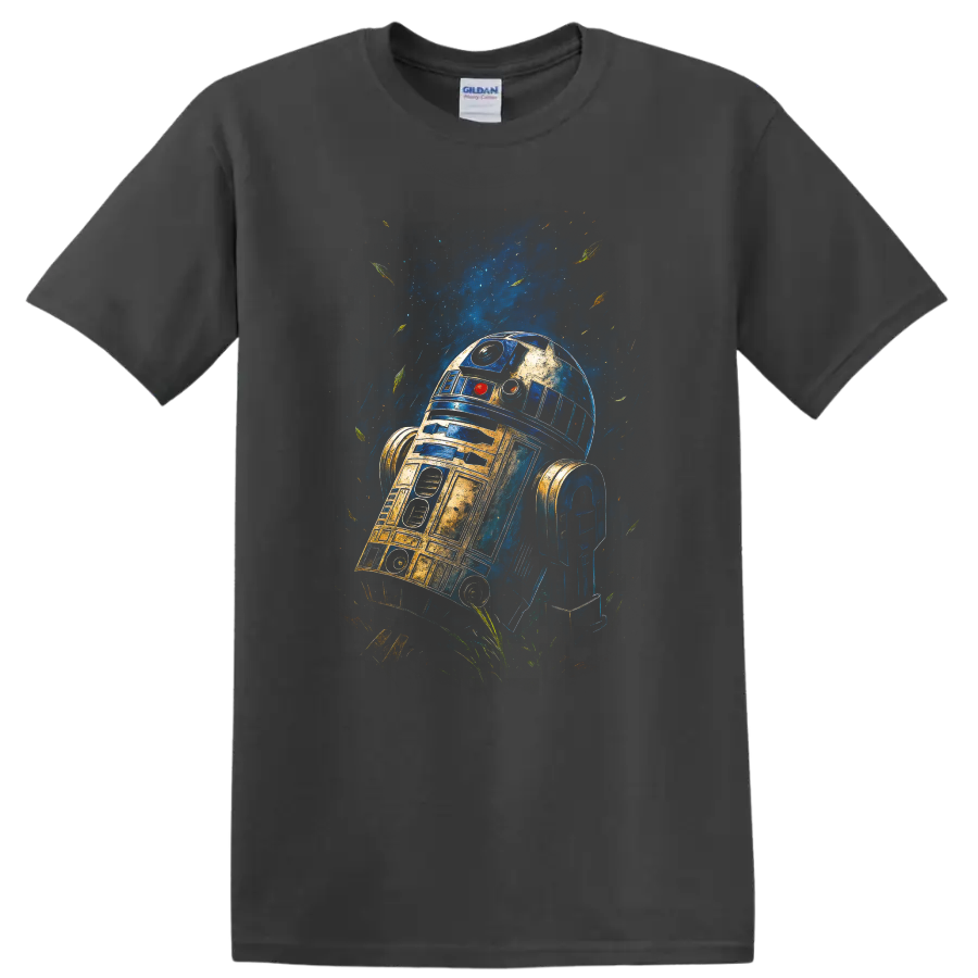 R2-D2 painted galaxy art T-shirt on a Charcoal T Shirt