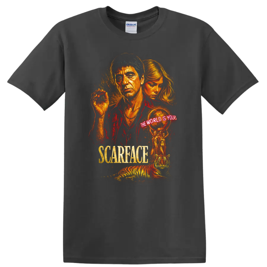 Scarface inspired movie poster art with neon The World Is Yours text and tiger on T shirt on a Charcoal T Shirt
