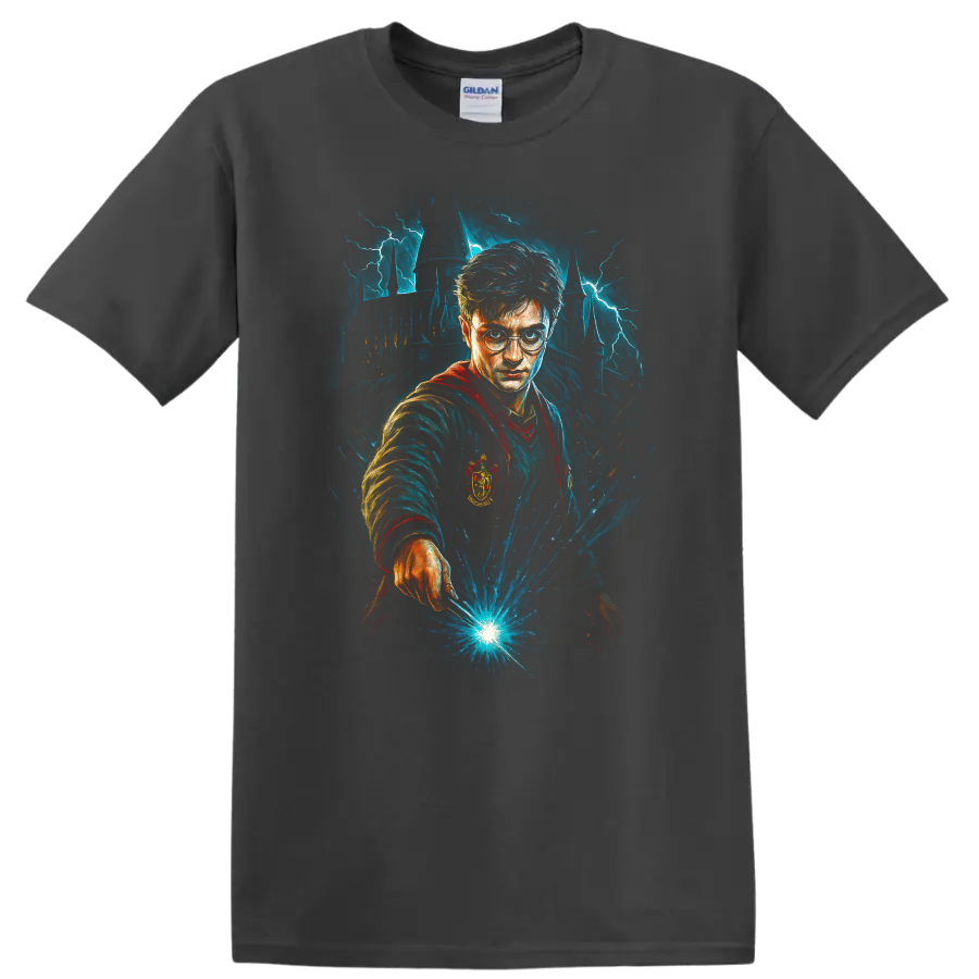 Wizard with glasses casting blue magic in front of a lightning-struck castle T Shirt on a Charcoal T Shirt