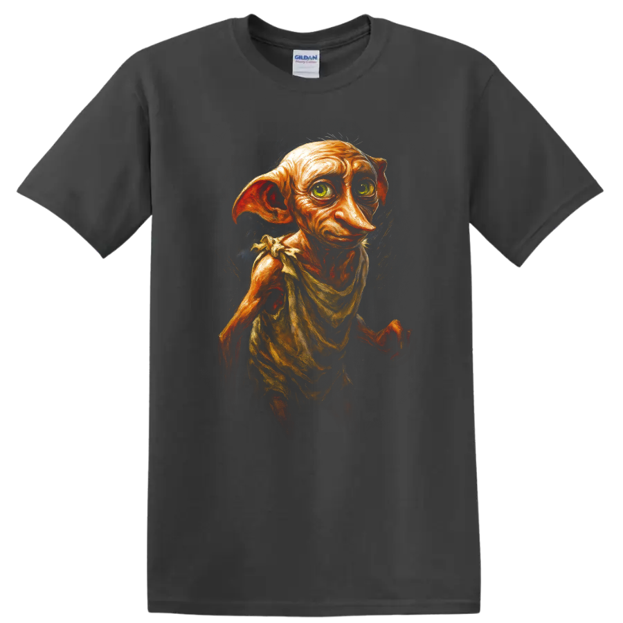 Painterly Dobby fantasy portrait with large ears and expressive eyes on a Charcoal T Shirt
