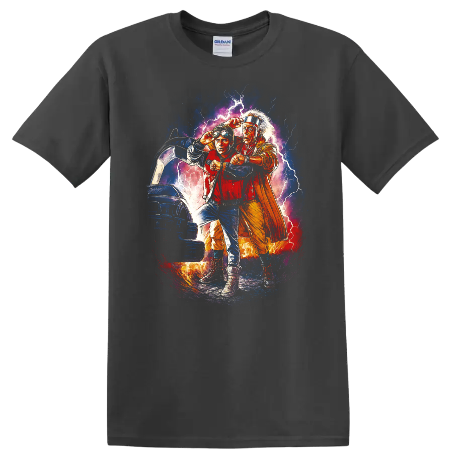 Back to the Future Part II lightning time travel movie artwork T shirt on a Charcoal T Shirt