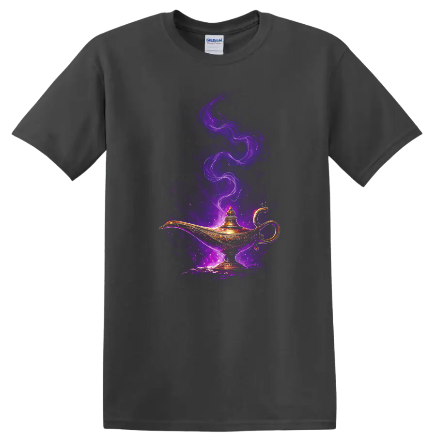 Ornate magic lamp with glowing purple smoke fantasy art T Shirt on a Charcoal T Shirt