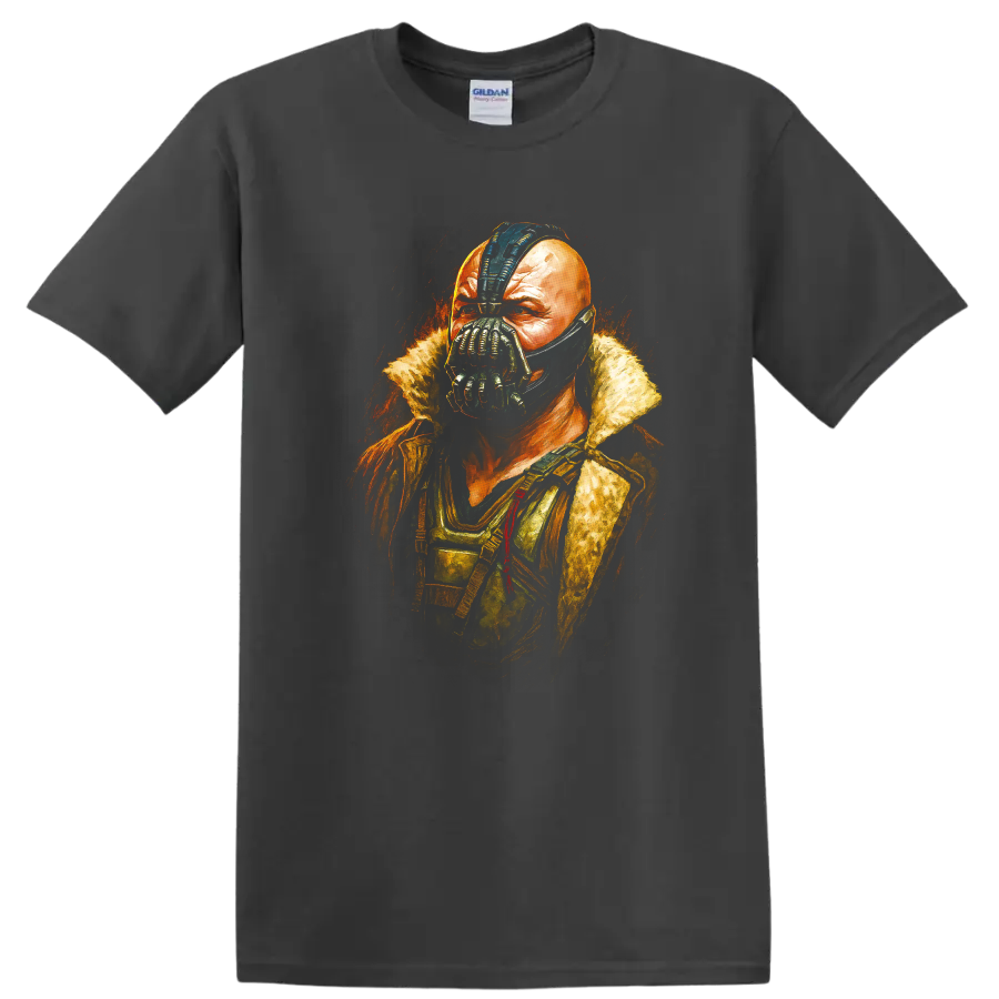 Bane portrait artwork from The Dark Knight Rises graphic T shirt on a Charcoal T Shirt