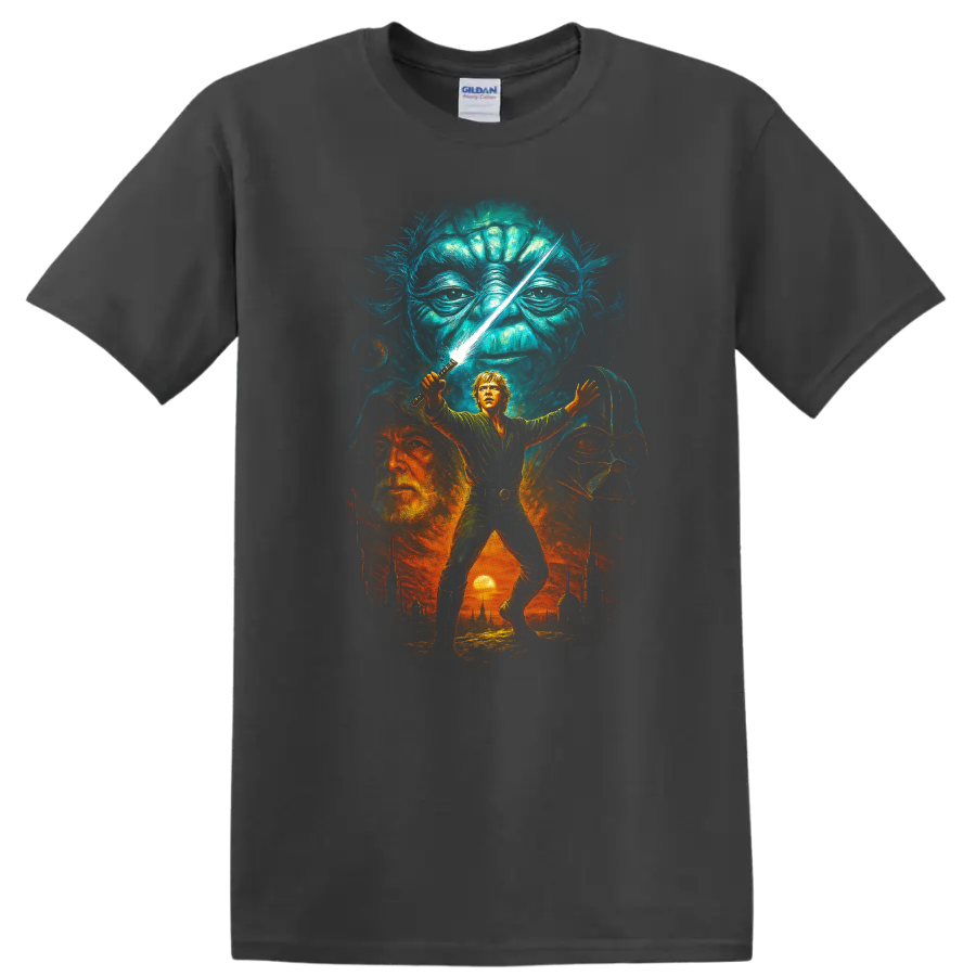Star Wars inspired Jedi battle scene with Luke, Yoda, and Darth Vader artwork on a T shirt on a Charcoal T Shirt