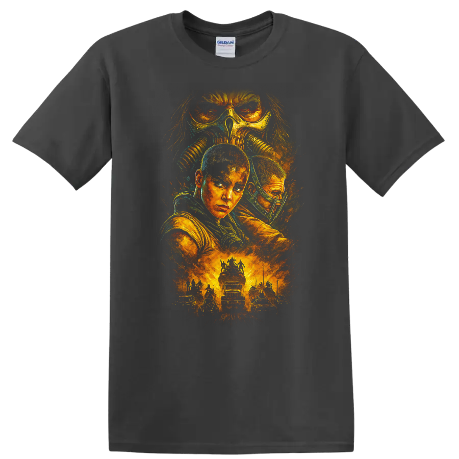 Mad Max Fury Road inspired post-apocalyptic movie art T-shirt graphic with fiery desert action and on a Charcoal T Shirt