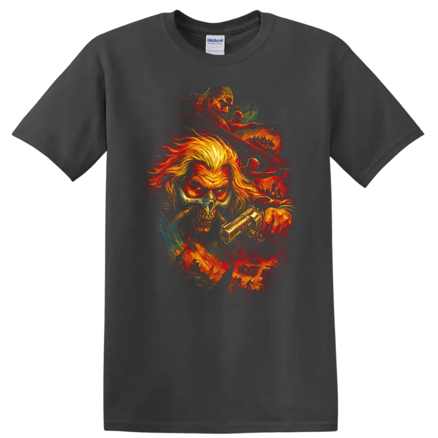 Mad Max inspired skull warrior with gun and fiery post-apocalyptic action graphic T Shirt on a Charcoal T Shirt